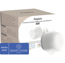 Aqara Präsenzsensor FP1E mit Verpackung. SMART HOME by hornbach Logo, Amazon Alexa Logo und Google Home Logo.