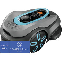 Gardena Mähroboter, kompatibel mit SMART HOME by hornbach, graues Gehäuse mit blauen Details und Bedienfeld.