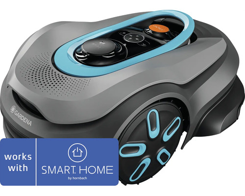 Robot tondeuse Gardena, compatible avec SMART HOME by hornbach, boîtier gris avec détails bleus et panneau de commande.