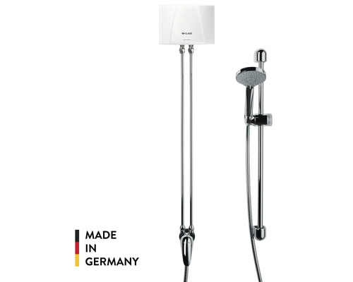 Set de chauffe-eau instantané Clage avec garniture de douche, barre de douche et mitigeur. Fabriqué en Allemagne.