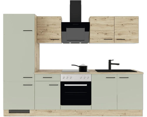 Moderne Küchenzeile mit Einbaubackofen, Kochfeld, Dunstabzugshaube und Spüle. Fronten in Holzoptik und Matt. Schwarze Griffe.