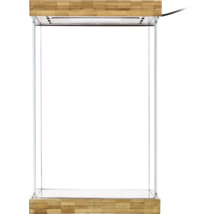 Kleines Glasterrarium mit Boden und Abdeckung aus Bambus sowie integrierter Beleuchtung.