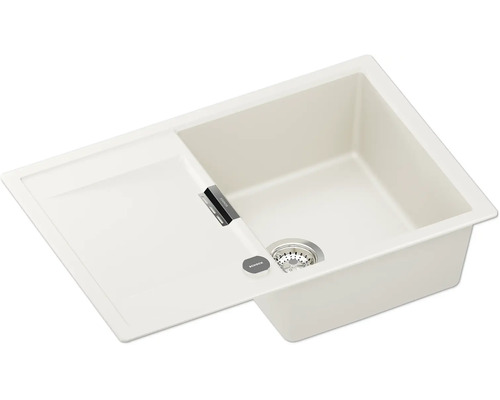 Évier simple bac avec égouttoir en granit composite, blanc crème.