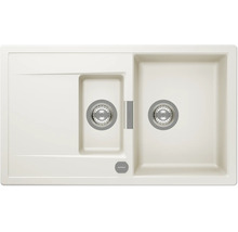 Évier à encastrer Schock en beige avec 1,5 bac et égouttoir en composite de quartz. Schock Logo.