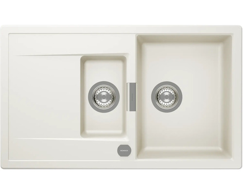 Évier à encastrer Schock en beige avec 1,5 bac et égouttoir en composite de quartz. Schock Logo.