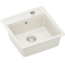 Évier de cuisine à encastrer Schock en composite de quartz blanc crème, bac simple avec trop-plein et bonde à panier.