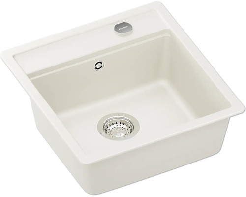 Évier de cuisine à encastrer Schock en composite de quartz blanc crème, bac simple avec trop-plein et bonde à panier.