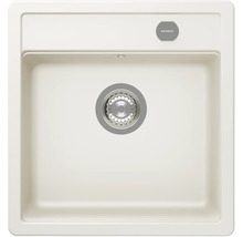 Évier encastrable carré beige en composite de quartz avec un bac et Schock Logo.