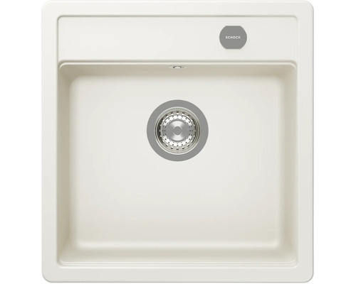 Évier encastrable carré beige en composite de quartz avec un bac et Schock Logo.
