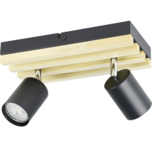 Spot de plafond à deux lampes en métal noir et bois clair avec spots orientables.