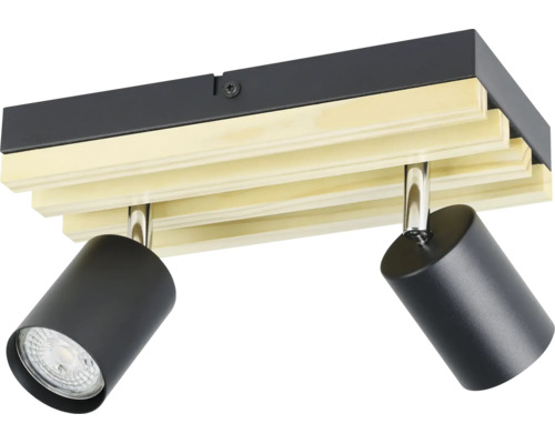 Spot de plafond à deux lampes en métal noir et bois clair avec spots orientables.