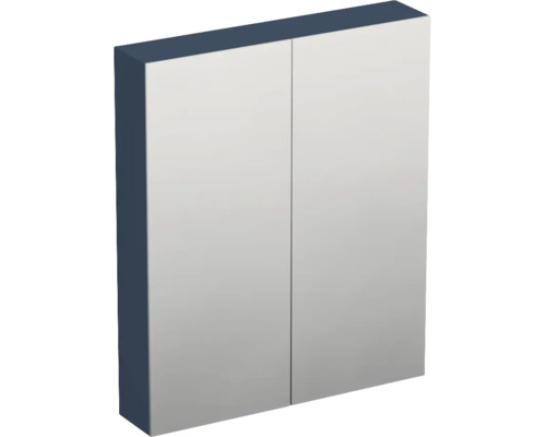 Armoire de toilette à deux portes pour salle de bain avec côtés bleu foncé et façade en miroir.