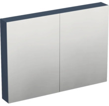Armoire de toilette à deux portes avec deux grandes surfaces miroir et un corps foncé.