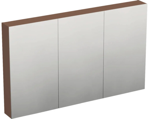 Dreitüriger Spiegelschrank für das Badezimmer mit braunem Korpus.