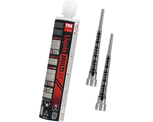 Mortier d injection TOX Liquix Multi V1 Vinylester 300 millilitres avec deux buses de mélange. Résistant au feu. TOX Logo.