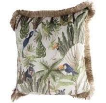 Coussin décoratif carré avec motif de jungle, toucan, singe, cacatoès et bordure à franges.