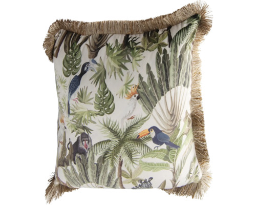 Coussin décoratif carré avec motif de jungle, toucan, singe, cacatoès et bordure à franges.