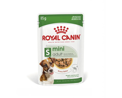 Royal Canin Logo, nourriture humide Mini Adult pour petits chiens adultes jusqu'à 10 kilogrammes en sauce, sachet de 85 grammes