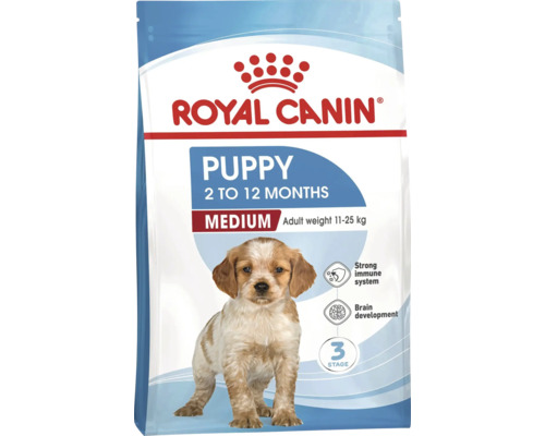 Royal Canin Hundefutter Puppy Medium für Welpen im Alter von 2 bis 12 Monaten, für ein Gewicht im ausgewachsenen Zustand von 11 bis 25 Kilogramm.