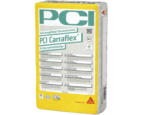 Mortier en couche mince déformable PCI Carraflex® pour sols en matériaux naturels blanc C2FTE-S1 25 kg