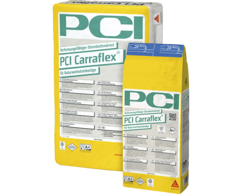 Mortier en couche mince déformable PCI Carraflex® pour sols en matériaux naturels blanc C2FTE-S1 25 kg