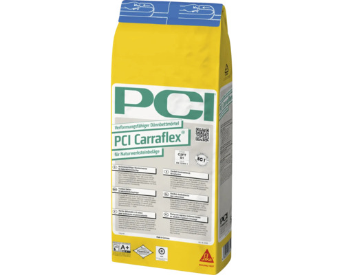 Mortier en couche mince déformable PCI Carraflex® pour sols en matériaux naturels blanc C2FTE-S1 5 kg