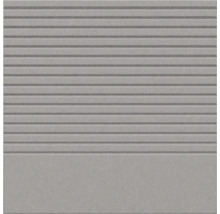 Carreau de marche en grès cérame avec structure rainurée sur la partie supérieure et surface lisse en bas.
