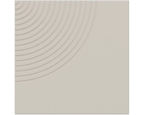 Carreau en céramique carré beige clair avec une surface mate et un motif en relief de quarts de cercles concentriques dans un angle.