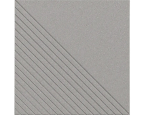 Carreau carré en grès cérame avec des rainures diagonales sur une moitié et une surface structurée.