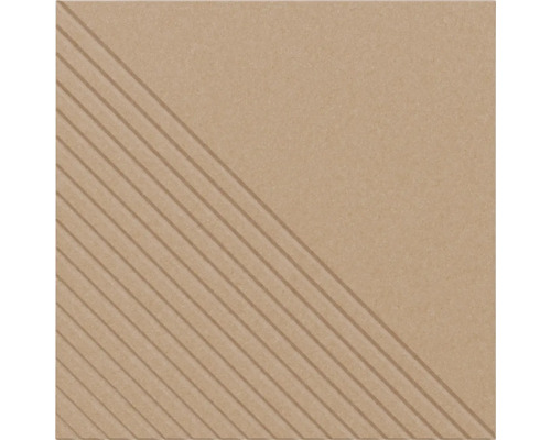 Carreau de sol carré en grès cérame beige avec rainures diagonales sur une moitié et surface lisse sur l'autre.