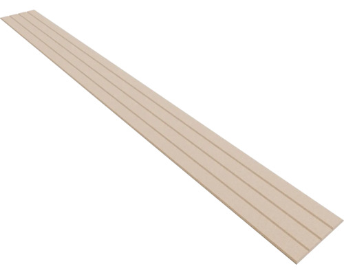 Long panneau en bois clair avec des rainures longitudinales parallèles sur toute la longueur.
