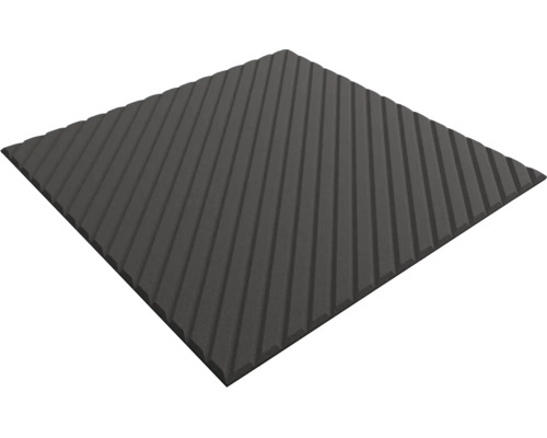 Tapis anti-vibrations carré en caoutchouc avec une structure de surface nervurée en diagonale.