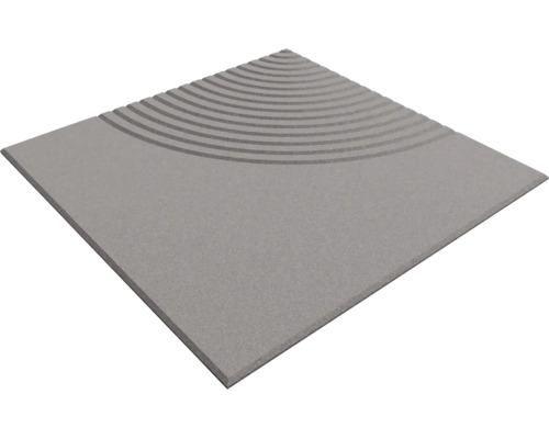 Dalle de terrasse carrée en béton avec un motif de rainures circulaires dans un coin.