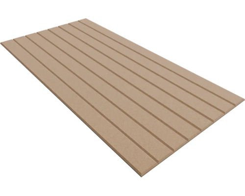 Panneau de fibres de bois à densité moyenne rectangulaire avec plusieurs rainures horizontales parallèles.