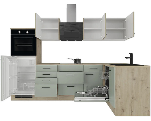 Moderne L-Küche mit hellgrünen Fronten, Holzoptik, Backofen, Kühlschrank, Geschirrspüler, Spüle und Dunstabzugshaube.