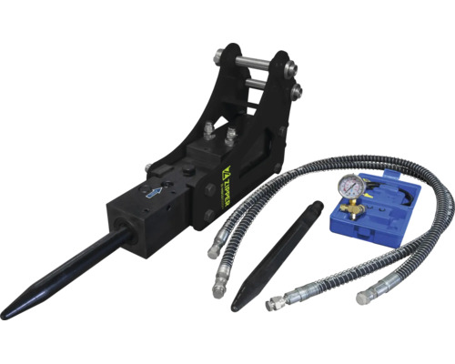 Brise-roche hydraulique Zipper pour mini-pelle incluant burin, tuyaux hydrauliques et kit manomètre.