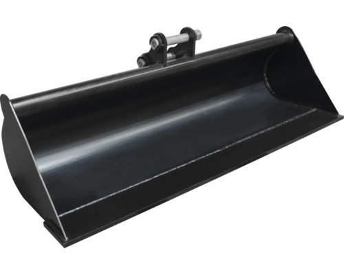 Schwarzer Grabenräumlöffel aus Metall für Bagger, breite Schaufelform ohne Zähne.
