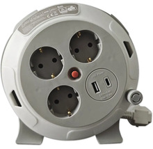 Enrouleur de câble avec câble de 5 mètres, 3 prises et 2 ports USB. Comprend un disjoncteur thermique et un indice de protection IP20.