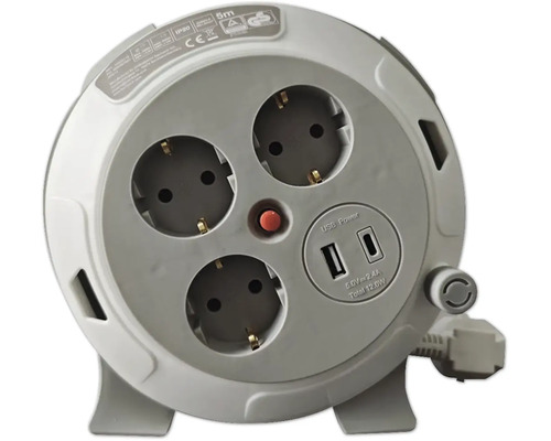 Enrouleur de câble avec câble de 5 mètres, 3 prises et 2 ports USB. Comprend un disjoncteur thermique et un indice de protection IP20.