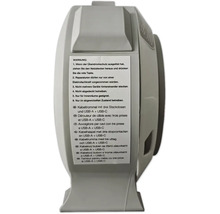 Vue latérale d un enrouleur de câble avec des consignes de sécurité et des informations sur trois prises et des ports USB-A et USB-C.