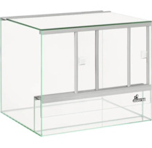 Rechteckiges Glasterrarium mit Schiebetüren und Diversa Logo.