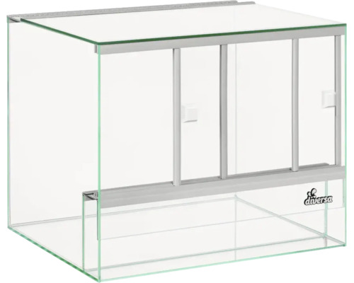 Rechteckiges Glasterrarium mit Schiebetüren und Diversa Logo.