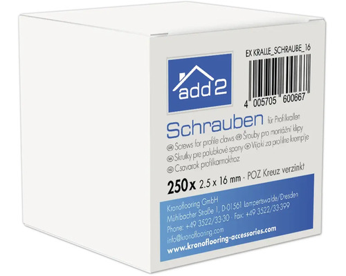 add2 Logo. Schrauben für Profilkrallen 2,5 mal 16 Millimeter Pozidriv Kreuz verzinkt, 250 Stück.