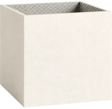 Jardinière carrée en forme de cube avec extérieur lisse et structure intérieure grillagée.