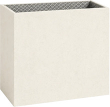 Jardinière rectangulaire aspect pierre blanche avec surface structurée.