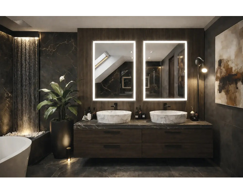Salle de bains moderne et sombre avec double vasque en bois, deux vasques à poser en marbre, miroirs à LED, carrelage aspect pierre et fontaine.