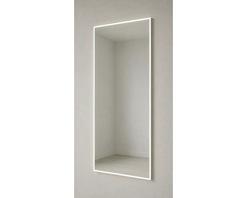 Miroir en pied mural avec éclairage LED intégré sur le cadre.