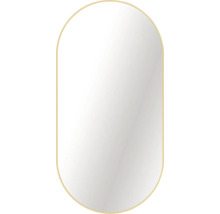 Miroir mural en forme de capsule avec un cadre fin doré.