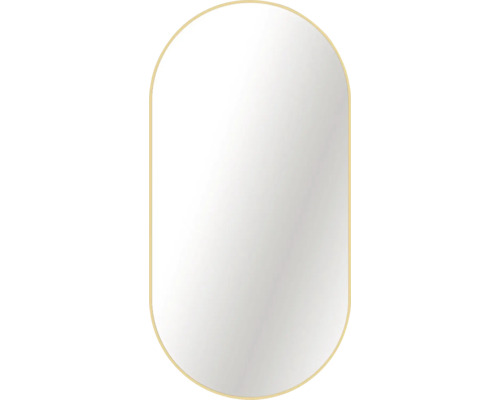 Miroir mural en forme de capsule avec un cadre fin doré.