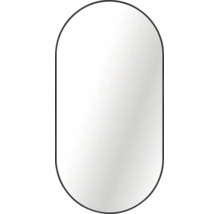 Miroir mural ovale avec un cadre noir étroit.